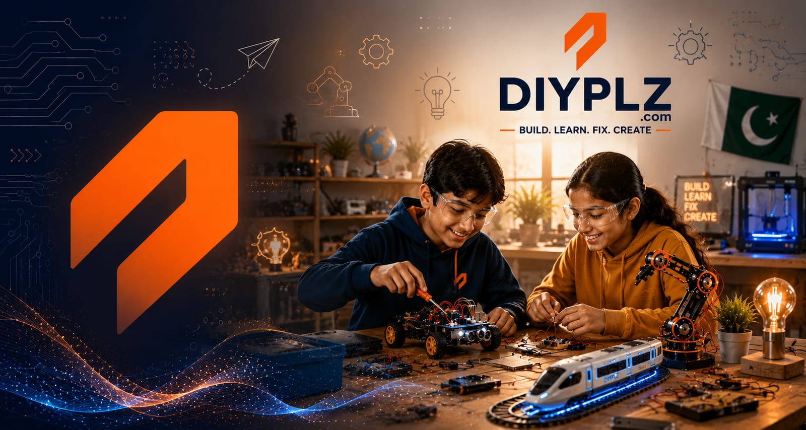 Young makers building STEM projects at a DIYPLZ workbench